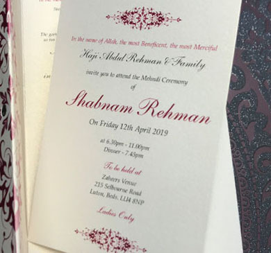 Mehndi cards, Jago cards, inserts, Indian & Asian Wedding Invitation printing Luton