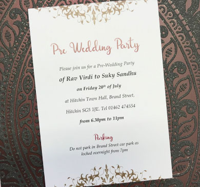 Mehndi cards, Jago cards, inserts, Indian & Asian Wedding Invitation printing Luton
